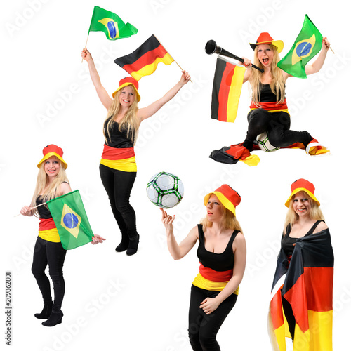 Set of five pictures with German soccer fan cheering for Germany and Brasil on white background photo