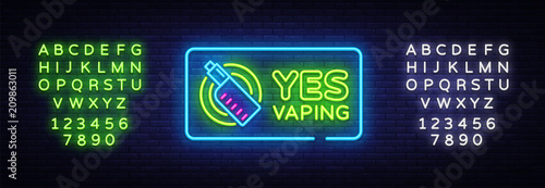 Yes Vaping neon sign. Zone Vaping neon sign vector template, light banner, bright night illustration, symbol, places for vape, electronic cigarette neon. Vector illustration. Editing text neon sign