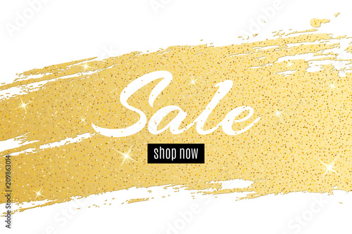 Gold cover with text for sale from gold glitters. Grunge line hand drawn. Golden spot. Shiny smear. Luxury background for your project. Vector illustration