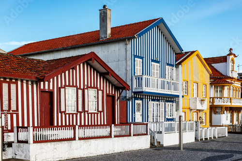Colorful striped house facades in Portugal