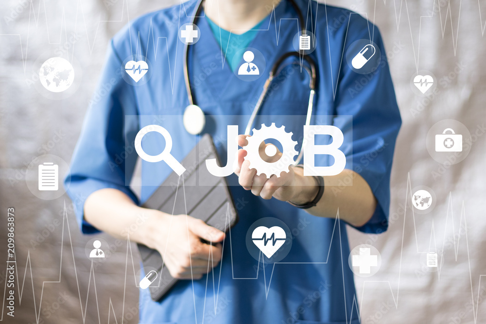 Doctor pushing button job search in healthcare network on virtual panel medicine Doctor pushing button job search in healthcare network on virtual panel medicine