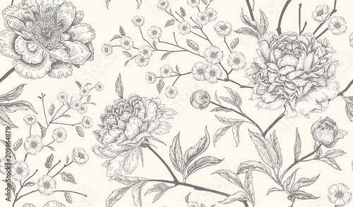 Fototapeta Luxury seamless background with peony flowers.