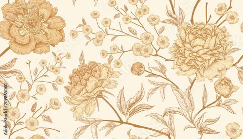 Seamless pattern with exotic bird pheasants and peony flowers.