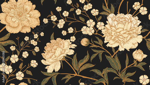 Canvas Print Seamless pattern with exotic bird pheasants and peony flowers.