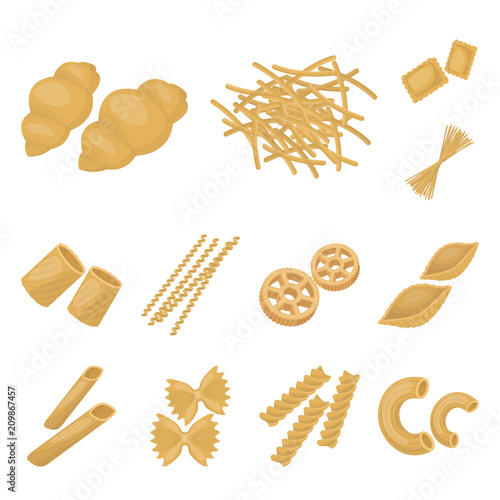 Types of pasta cartoon icons in set collection for design. Figured macaroni for eating vector symbol stock web illustration.
