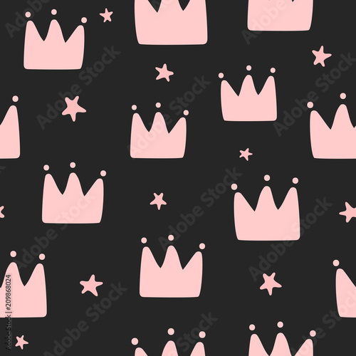 Repeating crowns and stars drawn by hand. Simple seamless pattern for little princesses. Cute endless print for girls.