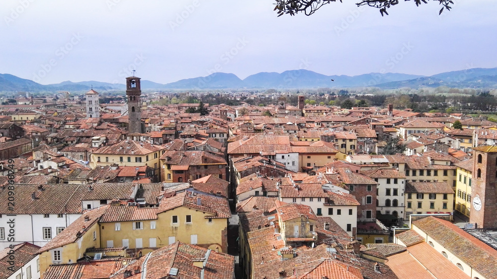 Panorama on the roofs of houses of Pisa from Saint Nicholas tower in Tuscany