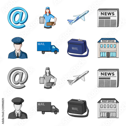 The postman in uniform, mail machine, bag for correspondence, postal office.Mail and postman set collection icons in cartoon,monochrome style vector symbol stock illustration web.