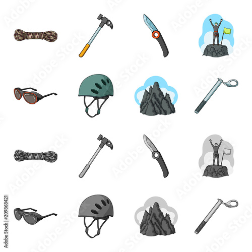 Helmet, goggles, wedge safety, peaks in the clouds.Mountaineering set collection icons in cartoon,monochrome style vector symbol stock illustration web.