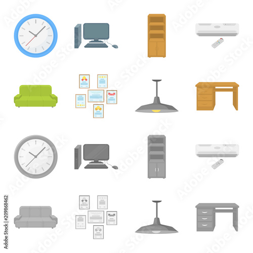 Comfortable sofa, letters and diplomas within the framework, an office ceiling lamp, a desk with drawers. Office Furniture set collection icons in cartoon,monochrome style vector symbol stock