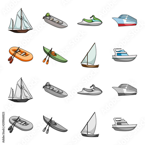 A rubber fishing boat, a kayak with oars, a fishing schooner, a motor yacht.Ships and water transport set collection icons in cartoon,monochrome style vector symbol stock illustration web.