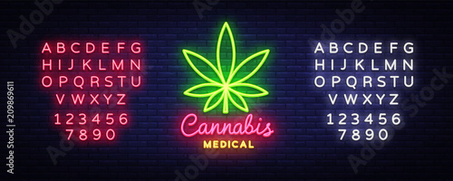 Marijuana medical neon sign and logo, graphic template in modern trend style. Cannabis is an organic hemp. Green farm Vector Illustrations. Editing text neon sign