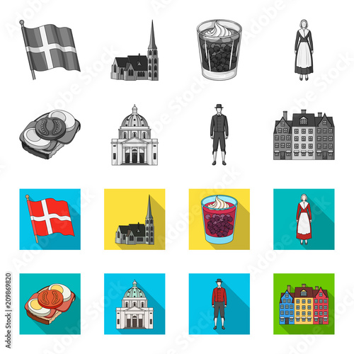 Denmark, history, restaurant, and other web icon in monochrome,flat style.Sandwich, food, bread, icons in set collection.