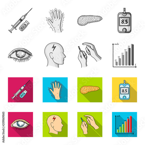 Poor vision, headache, glucose test, insulin dependence. Diabetic set collection icons in monochrome,flat style vector symbol stock illustration web.