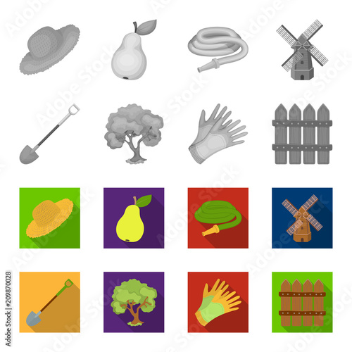 A shovel with a handle, a tree in the garden, gloves for working on a farm, a wooden fence. Farm and gardening set collection icons in monochrome,flat style vector symbol stock illustration web.