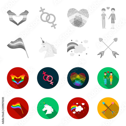 Flag, unicorn symbol, arrows with heart.Gay set collection icons in monochrome,flat style vector symbol stock illustration web.