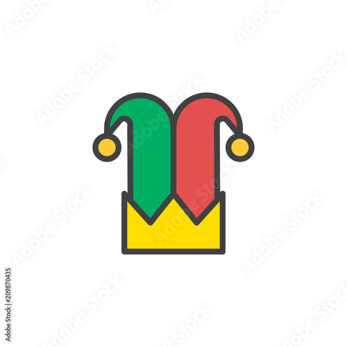 Joker hat filled outline icon, line vector sign, linear colorful pictogram isolated on white. Harlequin hat symbol, logo illustration. Pixel perfect vector graphics