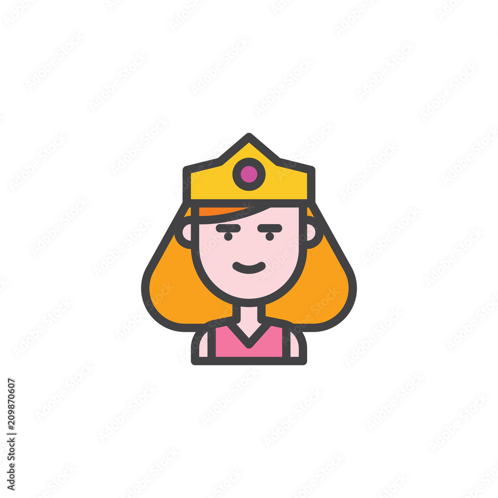 Queen with crown filled outline icon, line vector sign, linear colorful pictogram isolated on white. Symbol, logo illustration. Pixel perfect vector graphics