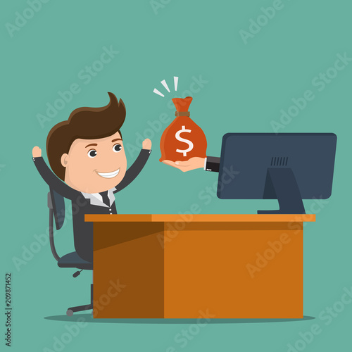 Businessman of hand holding money comes out from computer screen,Business concept.Vector illustration.