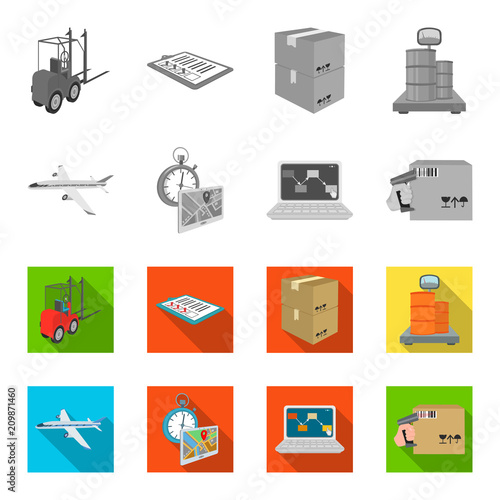 Transport aircraft, delivery on time, computer accounting, control and accounting of goods. Logistics and delivery set collection icons in monochrome,flat style isometric vector symbol stock