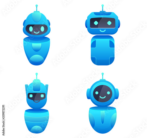 smiling colorful chatbots character set. helping robots. vector illustration. isolated on white background