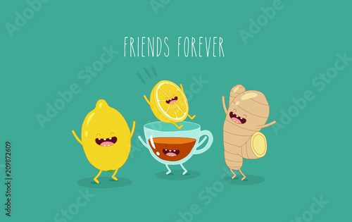 Black tea with lemon and ginger. Vector illustrations. You can use for cards, fridge magnets, stickers, posters.