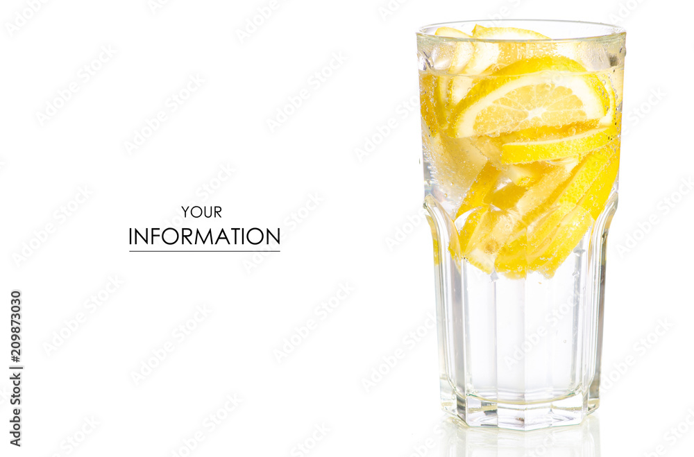 Glass lemonade lemon water with lemon pattern on white background isolation Glass lemonade lemon water with lemon pattern on white background isolation
