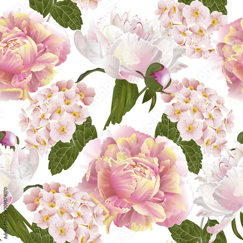 Vector botanical seamless pattern with peonies flowers.Modern floral pattern for textile, wallpaper, print, gift wrap, greeting or wedding background. Spring or summer design.