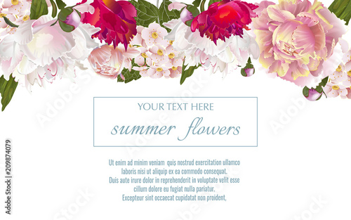 Vector vintage floral border with summer flovers. Template for greeting cards, wedding decorations, sales.