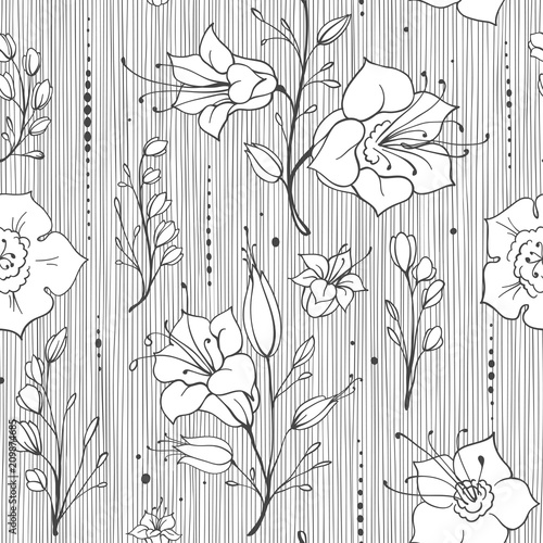 Hand drawn Seamless Pattern with Bell Flowers and Abstract Ornament