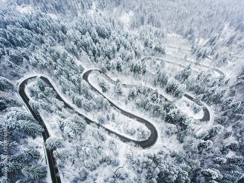 Extreme Winter Weather on a winding road in the mountains