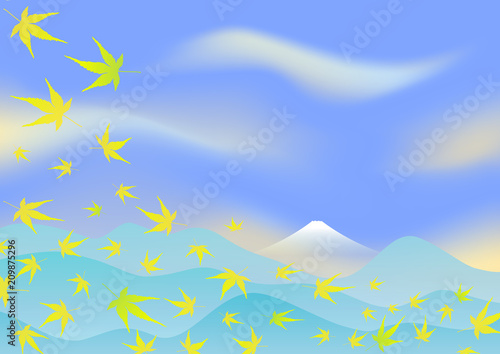 爽やかな早朝の富士山にモミジの葉が舞う