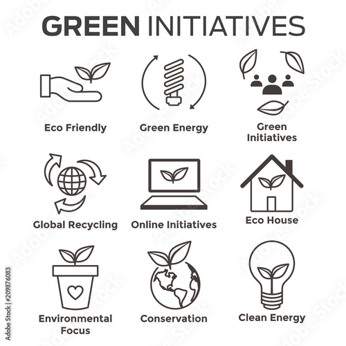 Environmental concerns icon set with lightbulb, hand holding leaf, recycling, etc