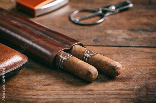 Cigars in a leather case on wooden background, copy space