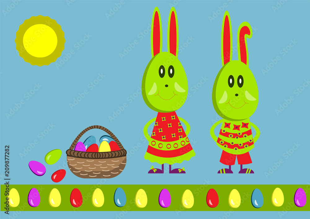 Easter bunnies with basket and Easter eggs Easter bunnies with basket and Easter eggs