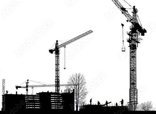 workers building house under hight cranes