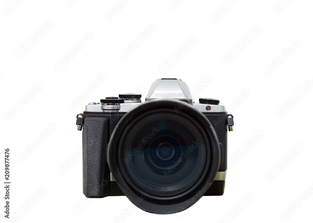 Closed up of mirrorless digital camera isolated on white background.