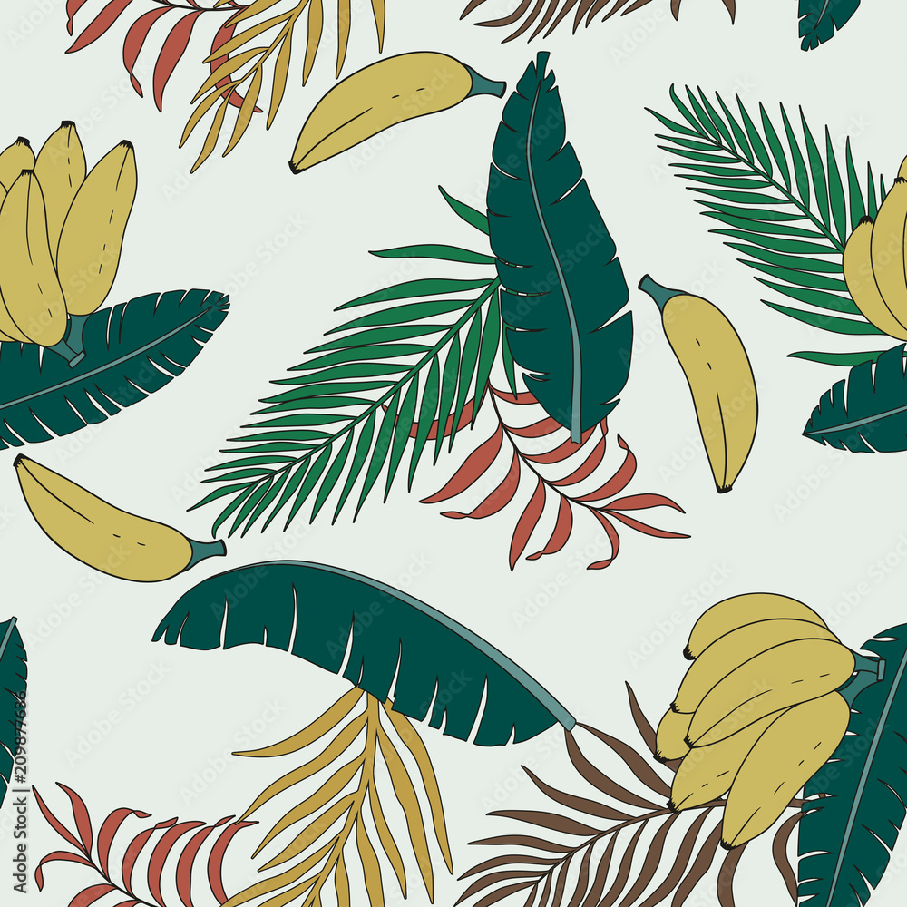 Fototapeta premium Tropical background with palm leaves and bananas. Seamless floral pattern. Summer vector illustration