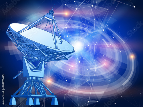 Satellite Dishes Antenna - doppler radar, digital wave and blue technology background - abstract illustration of science, astronomy, information technology, network solutions  and digital technologies