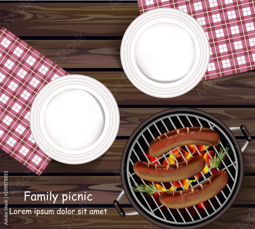 Picnic bbq Vector realistic. Top view plates wooden table and sausages on the grill outdoors