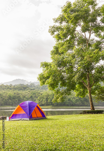 Dome tent camping at lake side