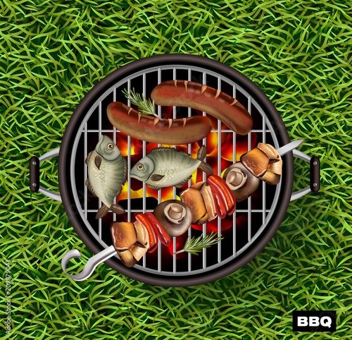 Picnic bbq Vector realistic. Green grass lawn background. Fish and sausages c...