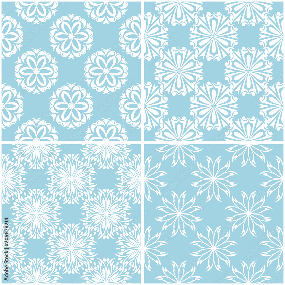 Floral patterns. Set of blue and white seamless backgrounds Floral patterns. Set of blue and white seamless backgrounds
