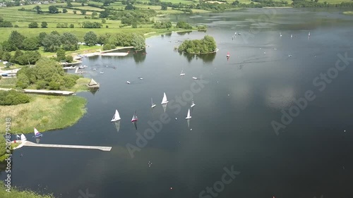 Aerial drone view of sailing boats and other users on a large inland lake (Llangorse Lake, Wales) photo