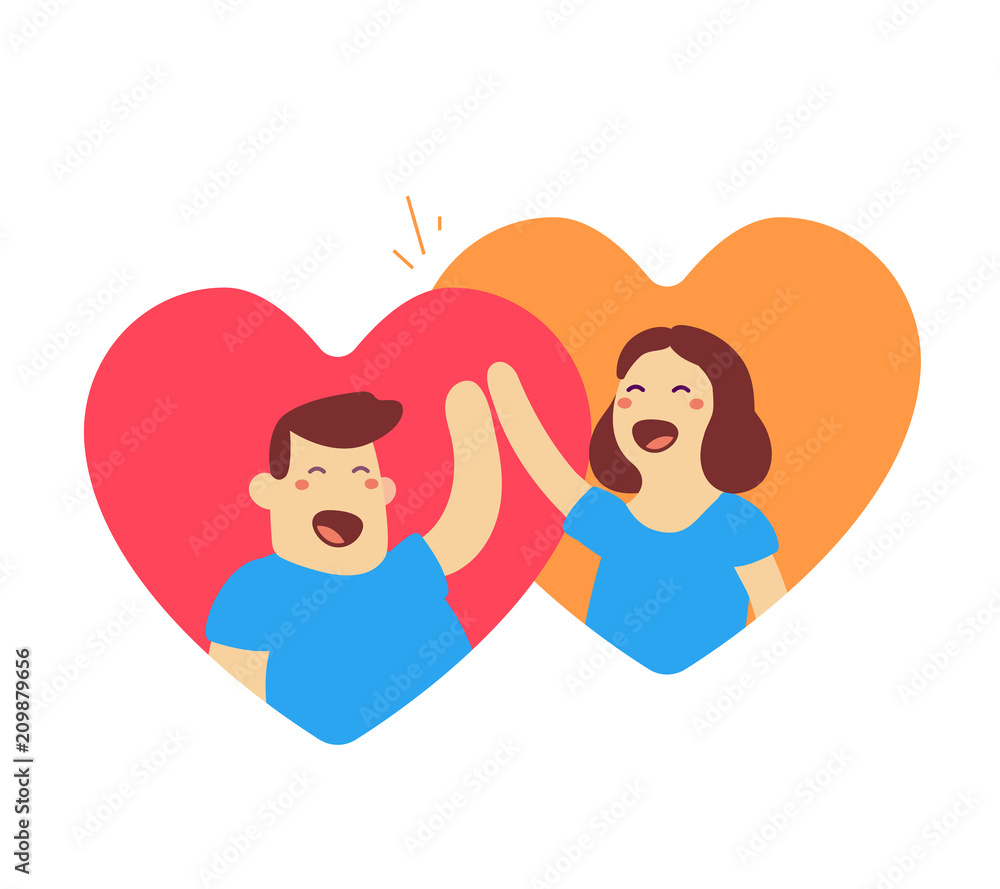 Vector illustration of happy man and woman in heart shape with raised arm high five on white background. Greeting cartoon character concept.
