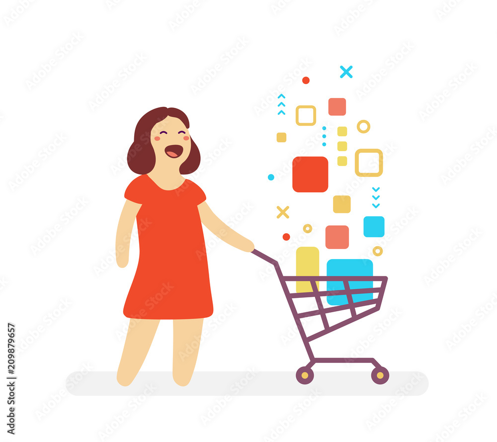 Shopping cartoon character concept. Vector illustration of happy woman and  shopping trolley with digital product on white background. Stock Vector |  Adobe Stock