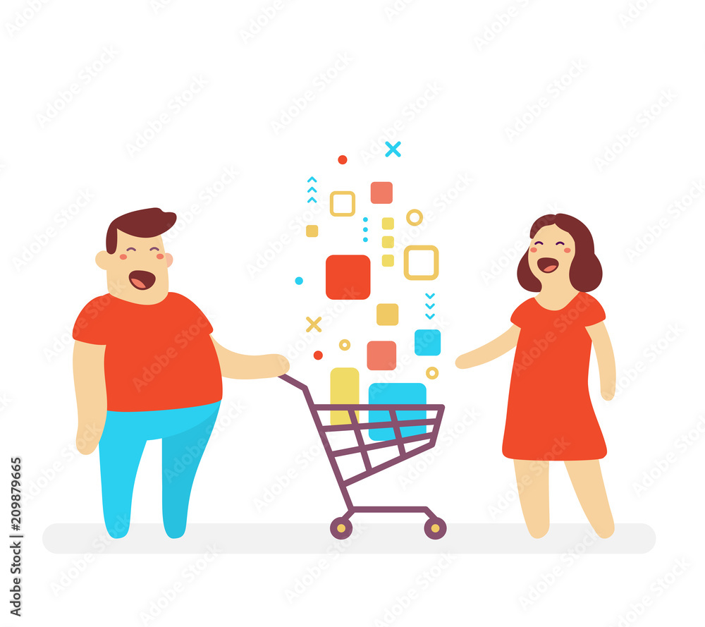 Vector illustration of happy man and woman with shopping trolley with digital product on white background.