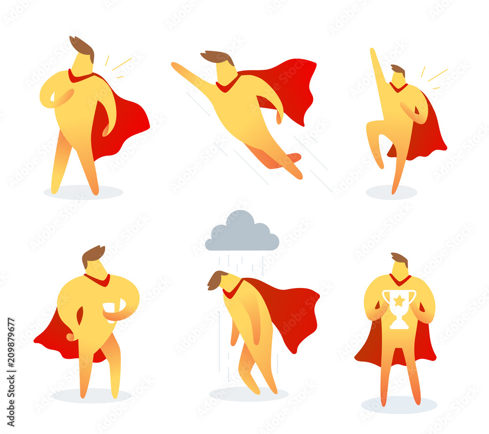 Vector set of illustration of yellow color super man with red cloak in different pose on white background. Business cartoon character concept.