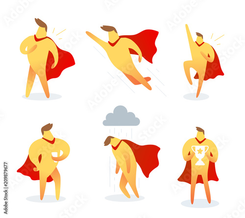 Vector set of illustration of yellow color super man with red cloak in different pose on white background. Business cartoon character concept.