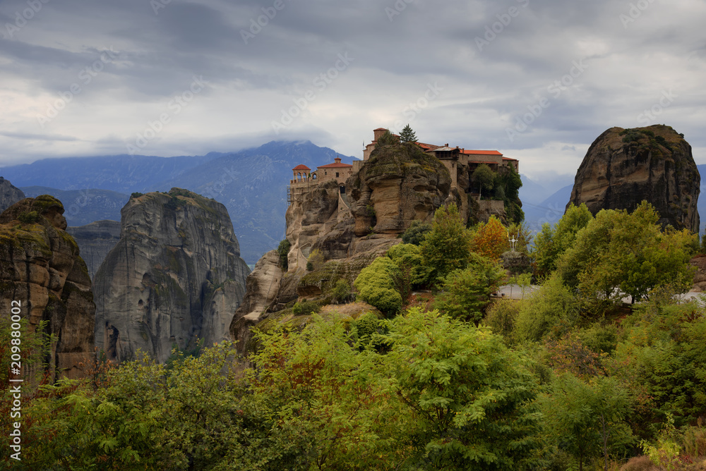 Great Meteoron Monastery. Beautiful scenic view, ancient traditional greek building on the top of huge stone pillar in Meteora,Thessaly, Greece, Europe
